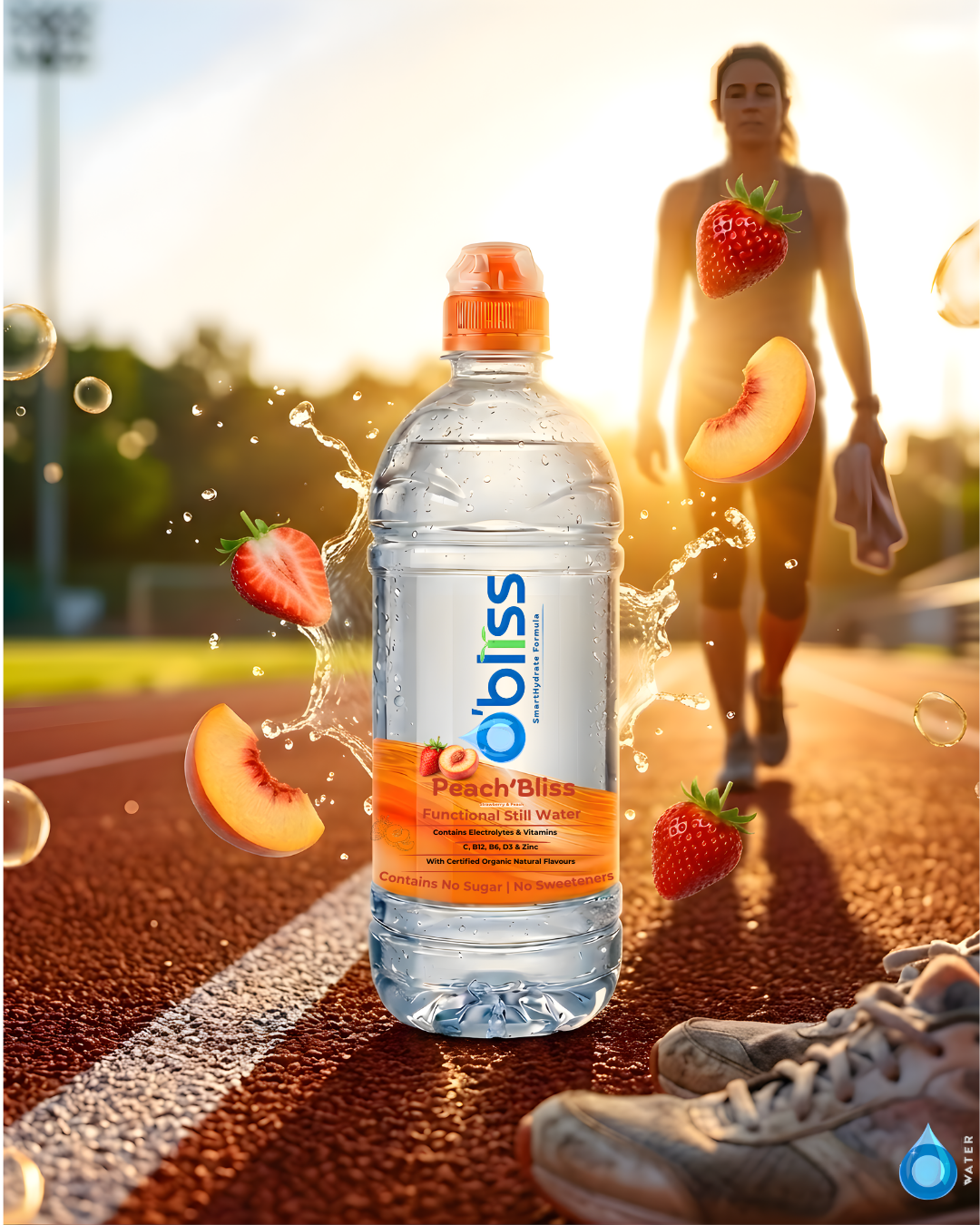 O'bliss bottle on a sports track with runner in background